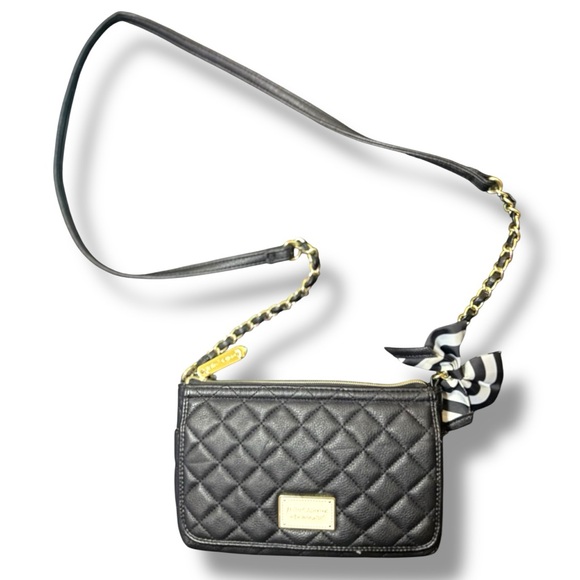 Betsey Johnson Black Quilted w/ Striped Bow Crossbody Purse/Wallet Combo - Picture 1 of 7
